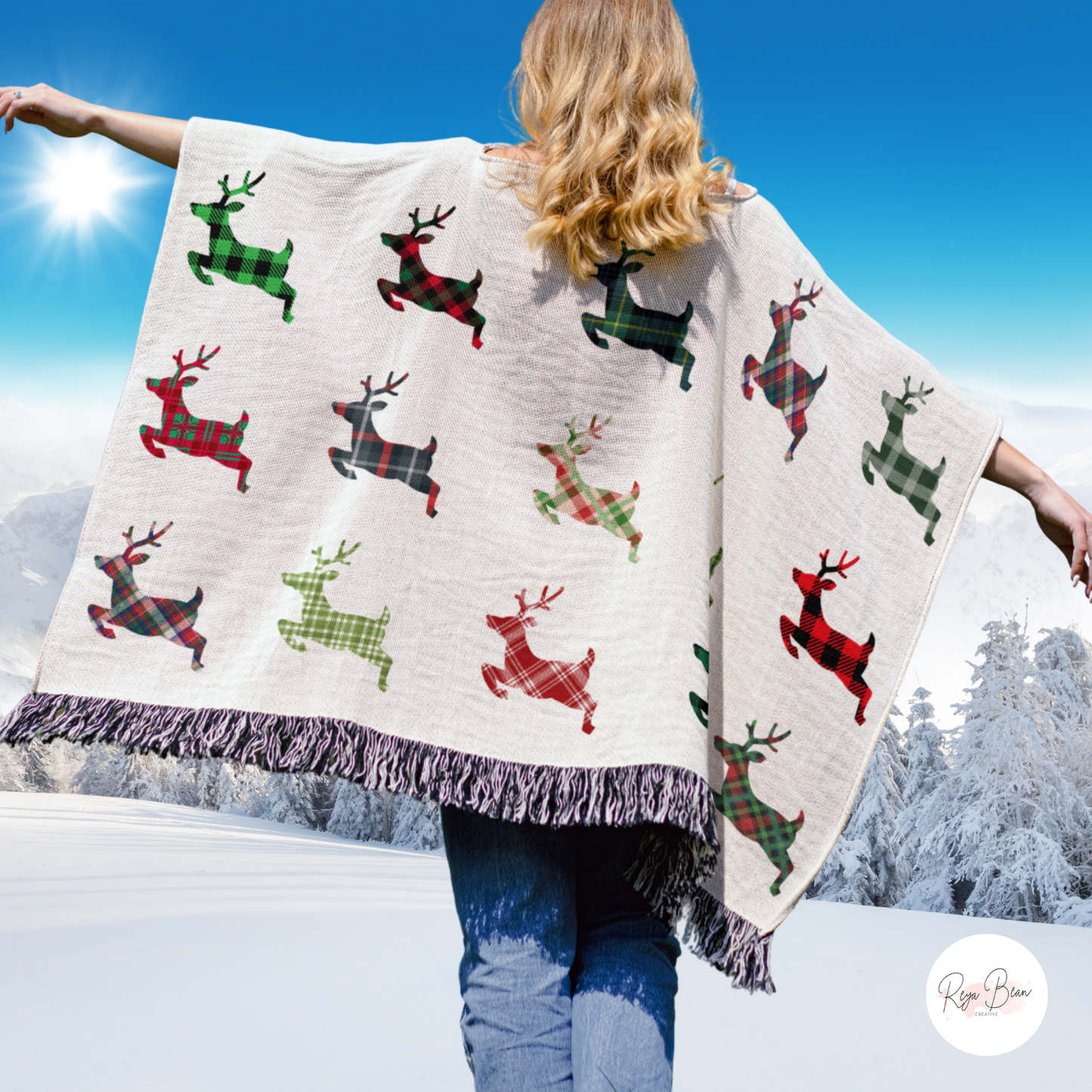 Christmas Plaid Reindeer Poncho, Cute Xmas Reindeer Cotton Holiday Season Wearable Woven Blanket, Whimsical Xmas Motif Fun Present 50" x 60"