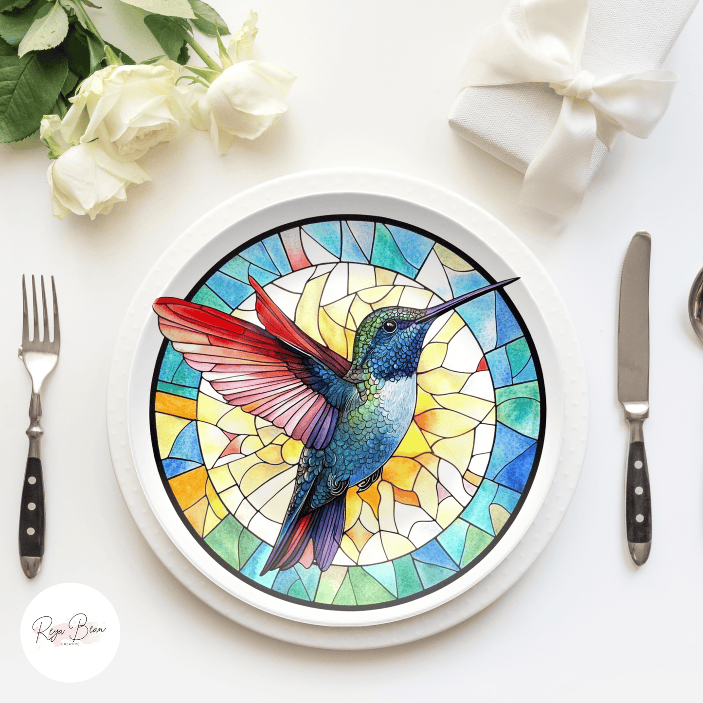 Hummingbird Party Plates – Faux Stained Glass 10 Inch Durable Dinnerware Set