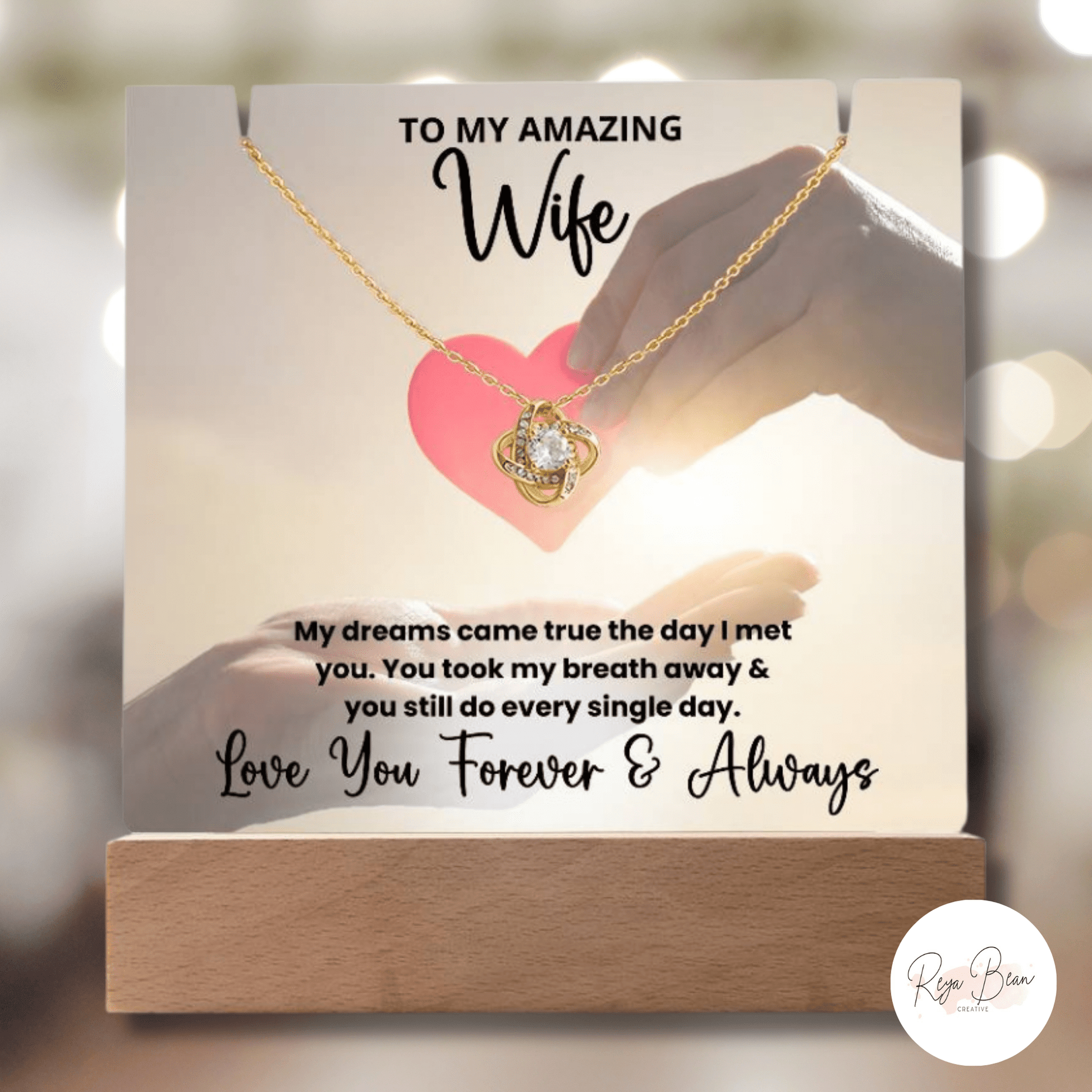 To My Amazing Wife Heart in Your Hands - LED Acrylic Plaque + Love Knot Necklace Bundle