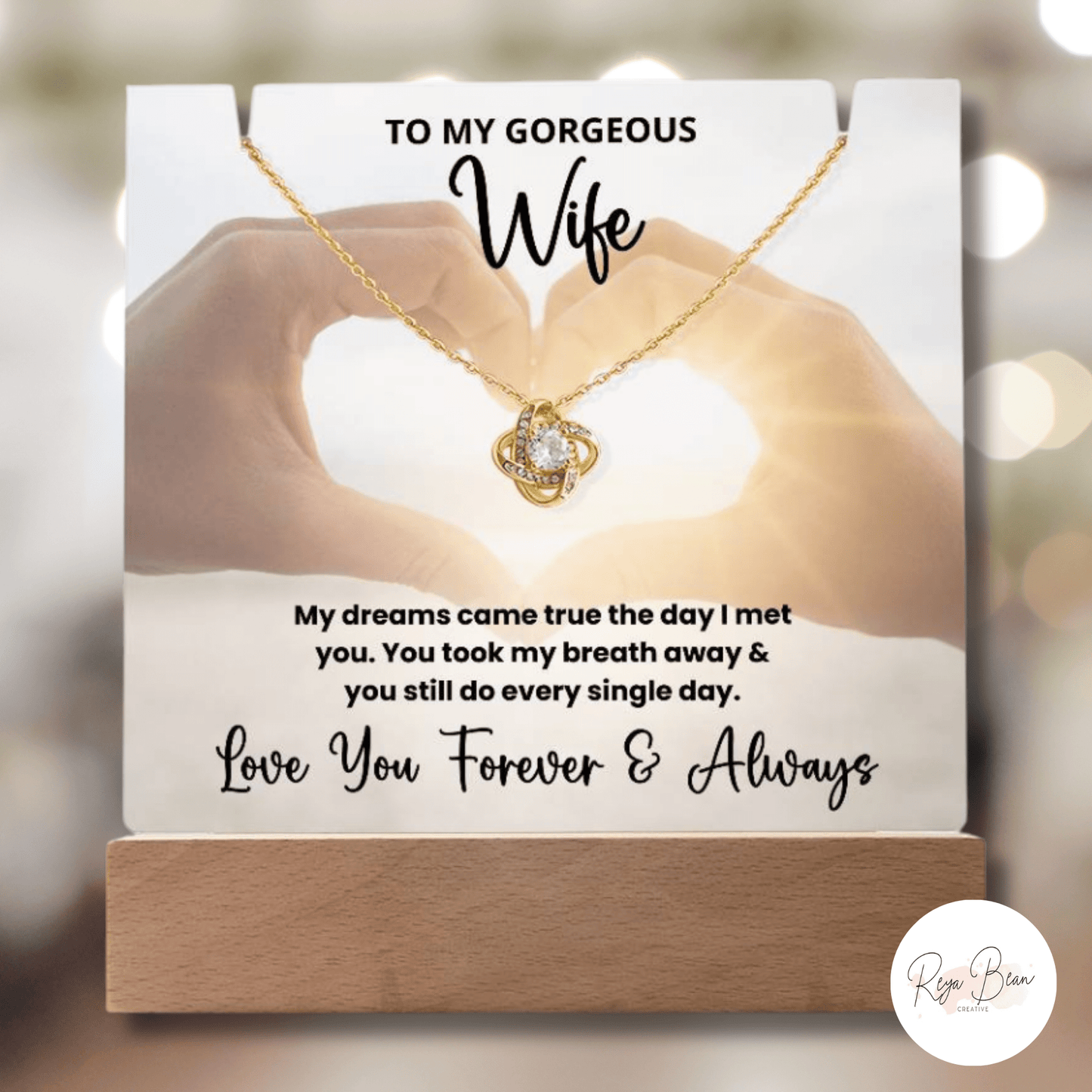 To My Gorgeous Wife Anniversary Wedding Present - LED Acrylic Plaque + Love Knot Necklace Bundle