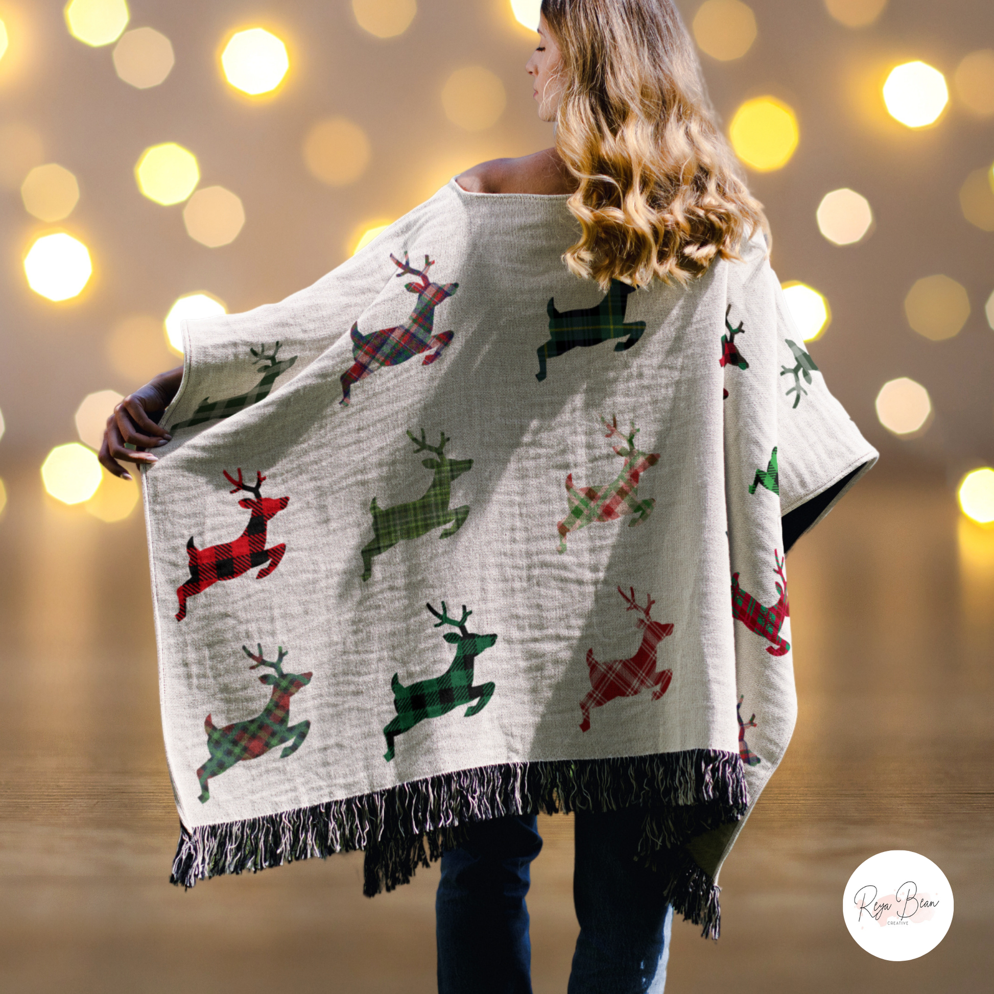 Christmas Plaid Reindeer Poncho, Cute Xmas Reindeer Cotton Holiday Season Wearable Woven Blanket, Whimsical Xmas Motif Fun Present 50" x 60"