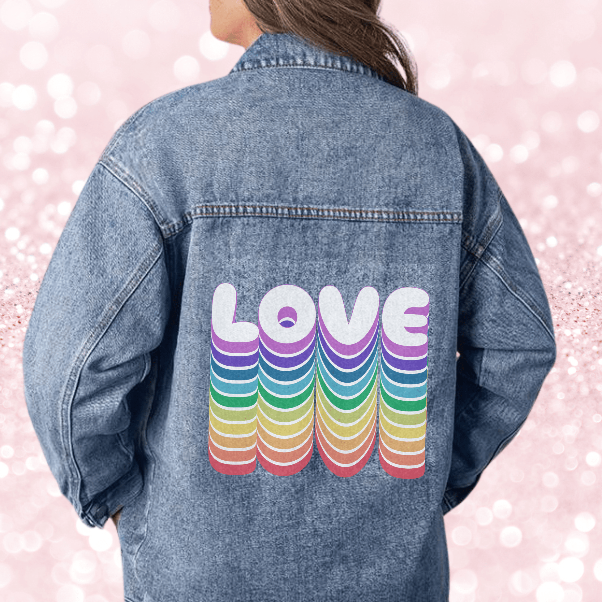 Pride Month Rainbow Love Oversized Women's Denim Jacket, Retro Gay Pride Rainbow, Love is Love 90s Jean Jacket, Happy Pride Month LGBTQIA+