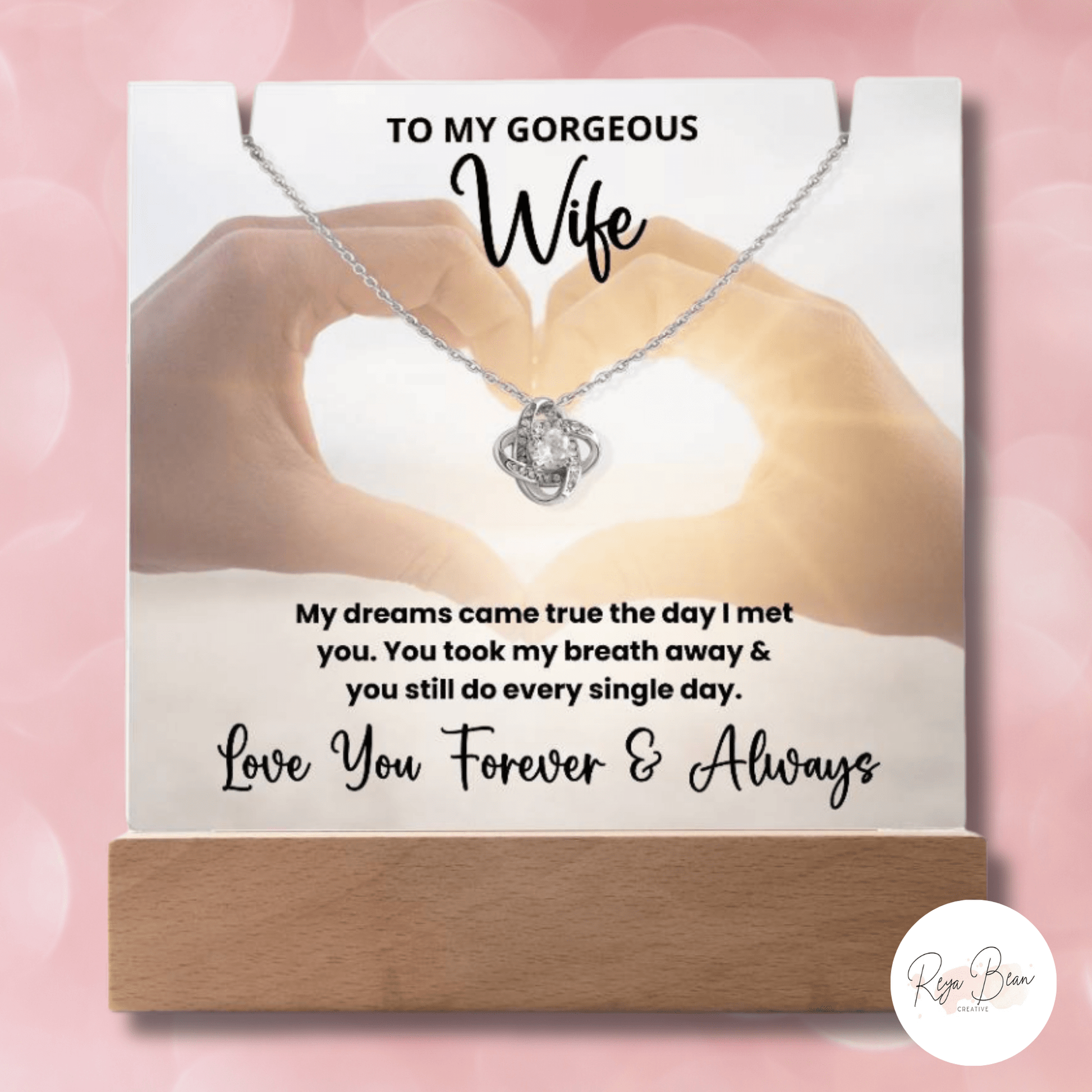 To My Gorgeous Wife Anniversary Wedding Present - LED Acrylic Plaque + Love Knot Necklace Bundle