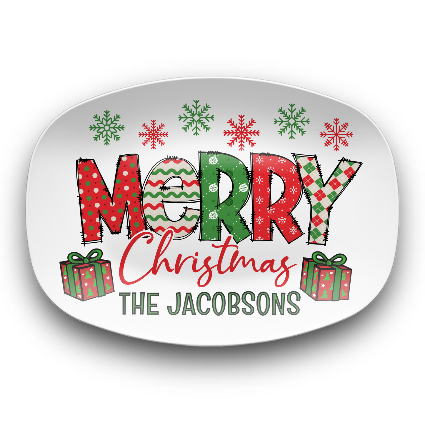 Custom Merry Christmas Platter, Festive Holiday Christmas Kitchen Tray, Personalized Family Name Xmas Plate, Unbreakable BPA-Free 10 x 14"