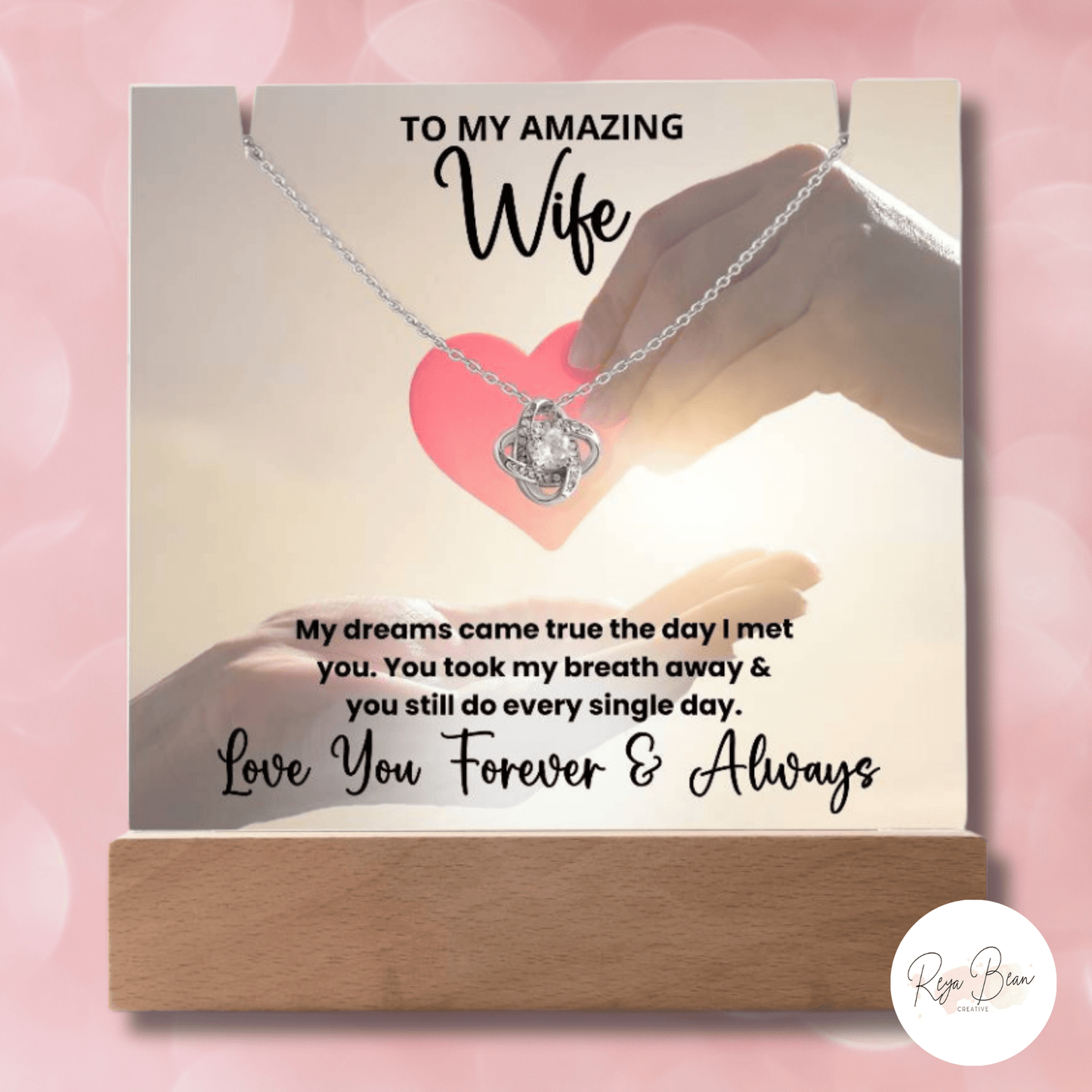 To My Amazing Wife Heart in Your Hands - LED Acrylic Plaque + Love Knot Necklace Bundle