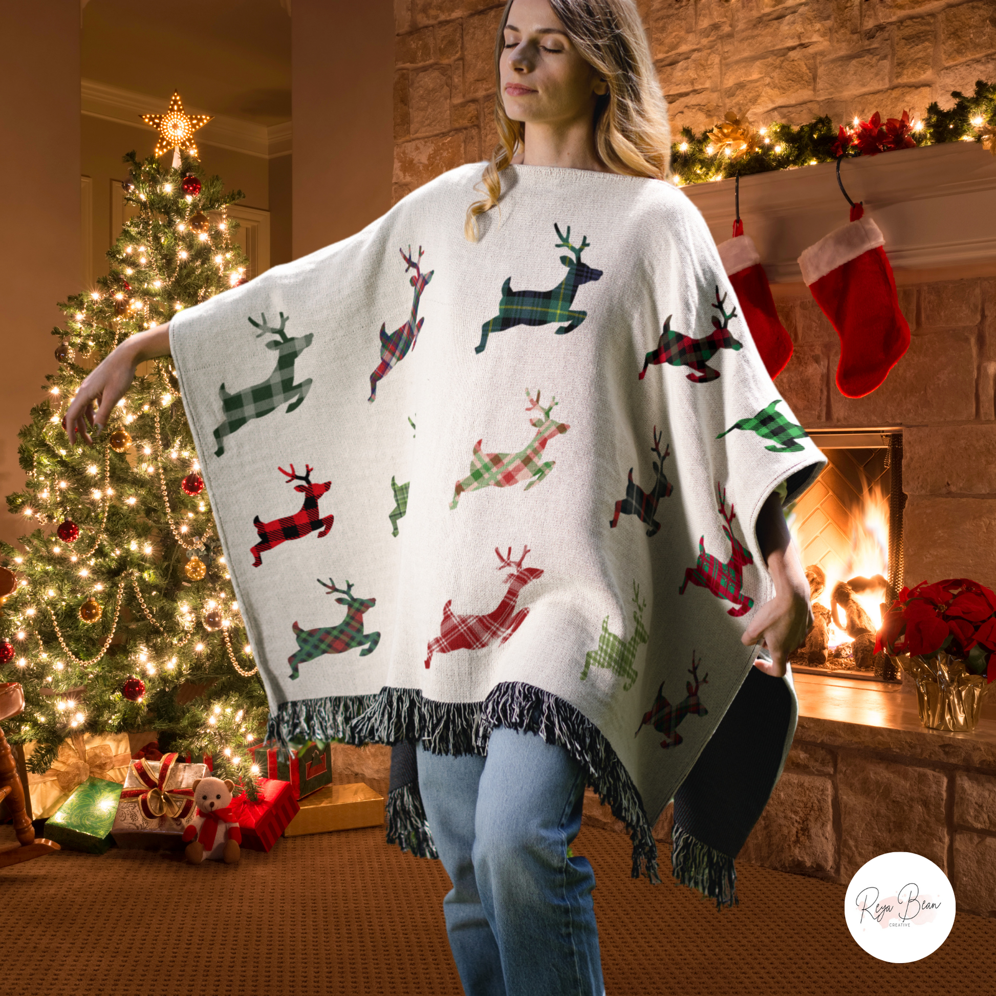 Christmas Plaid Reindeer Poncho, Cute Xmas Reindeer Cotton Holiday Season Wearable Woven Blanket, Whimsical Xmas Motif Fun Present 50" x 60"