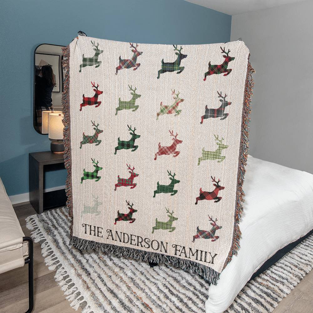 Custom Christmas Plaid Reindeer Family Blanket, Personalized Holiday Heirloom Woven Cotton Throw, Personalized Cozy Reindeer Xmas Decor Gift