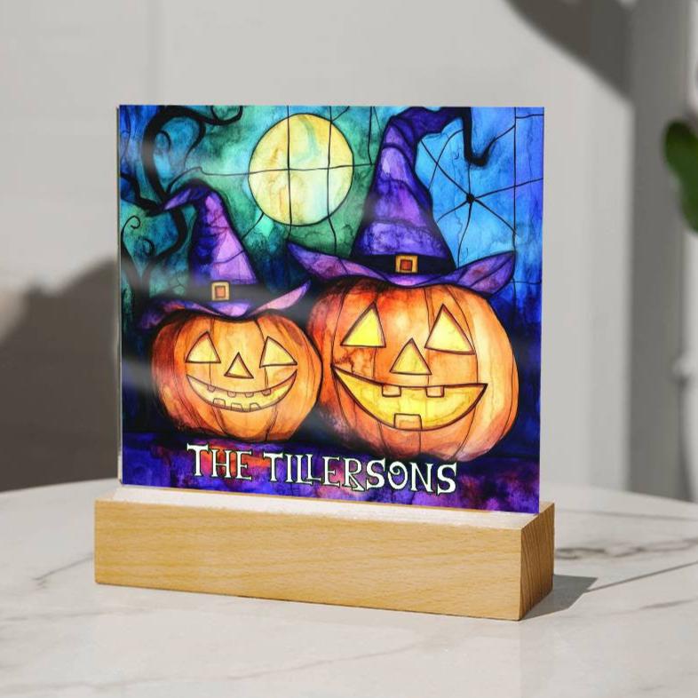 Custom Faux Stained Glass Halloween LED Light Up Acrylic Square Plaque, Personalized Halloween Decor Sign, Family Name Gift Lighted Sign