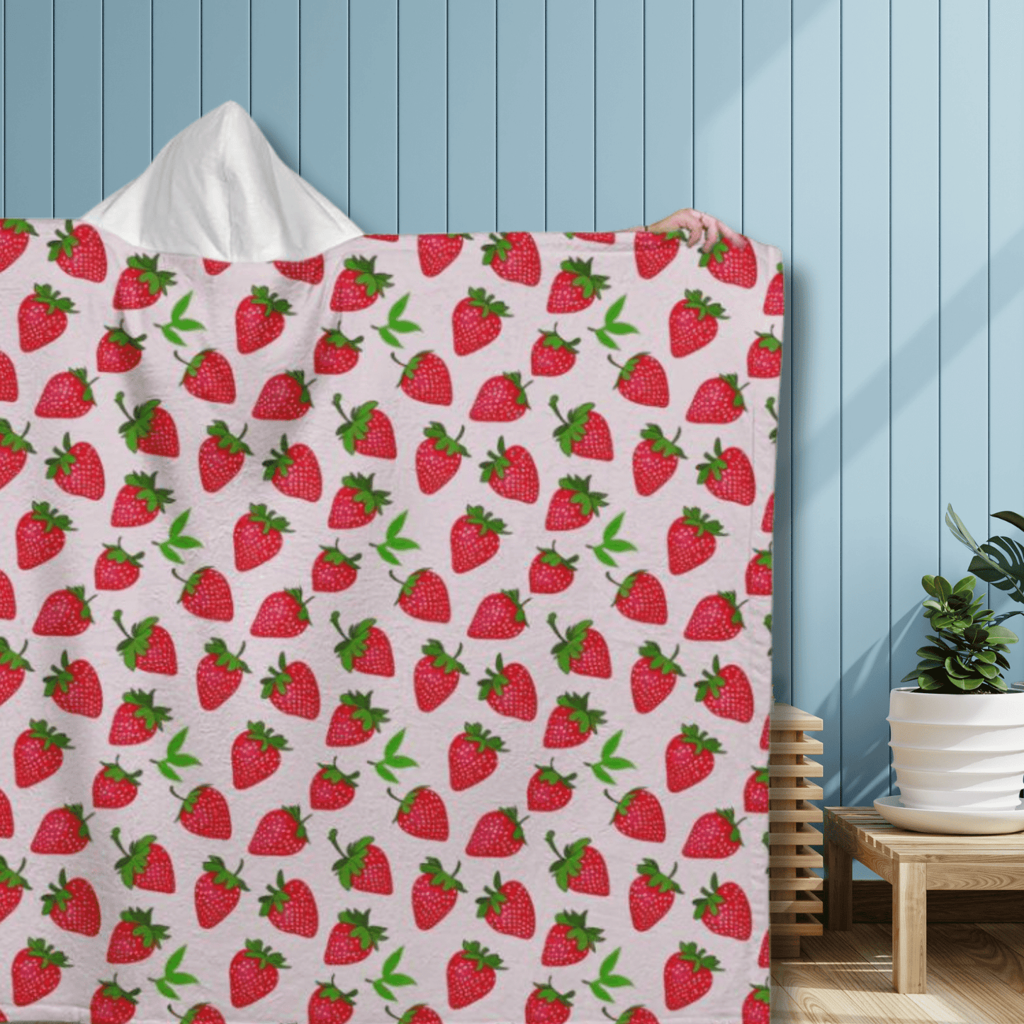 Adorable Cozy Strawberry Hooded Sherpa Fleece Blanket