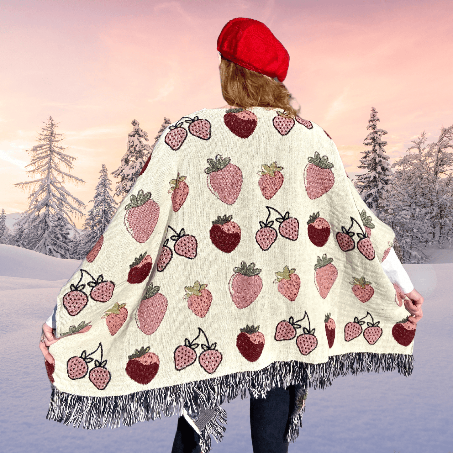 Cute Strawberry 50" x 60" Cotton Woven Pullover Poncho with Fringe