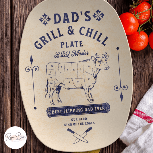 Custom Father's Day Meat Cut Cow Platter Gift for Dad, Dad's Chill and Grill BBQ Master King of the Coals Serving Tray, Dad's Grilling Plate