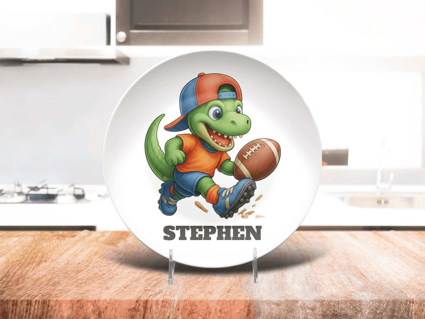 Custom Football Plate for Boy Birthday, Personalized Dinosaur Loving 10" Unbreakable Smash Plate