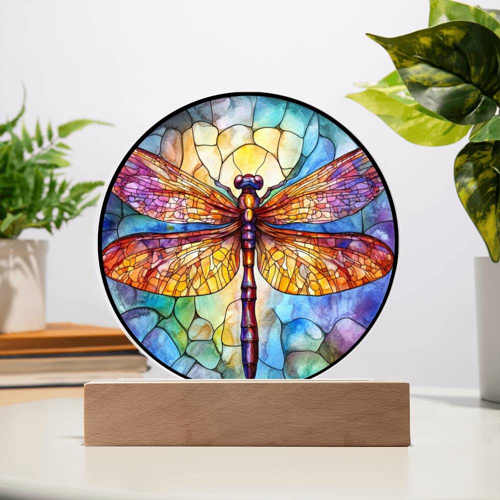 Dragonfly LED Night Light – Round Acrylic Plaque With Faux Stained Glass Glow