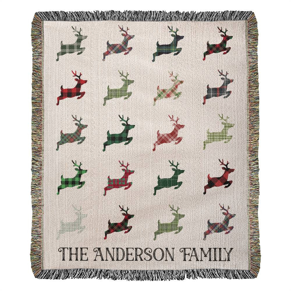 Custom Christmas Plaid Reindeer Family Blanket, Personalized Holiday Heirloom Woven Cotton Throw, Personalized Cozy Reindeer Xmas Decor Gift