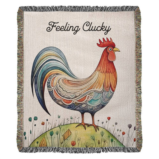 Funny Chicken Heirloom Woven Blanket Feeling Clucky, Homestead Gift Farm Chicken Lover Throw Blanket, Cotton Farmhouse Couch Decor