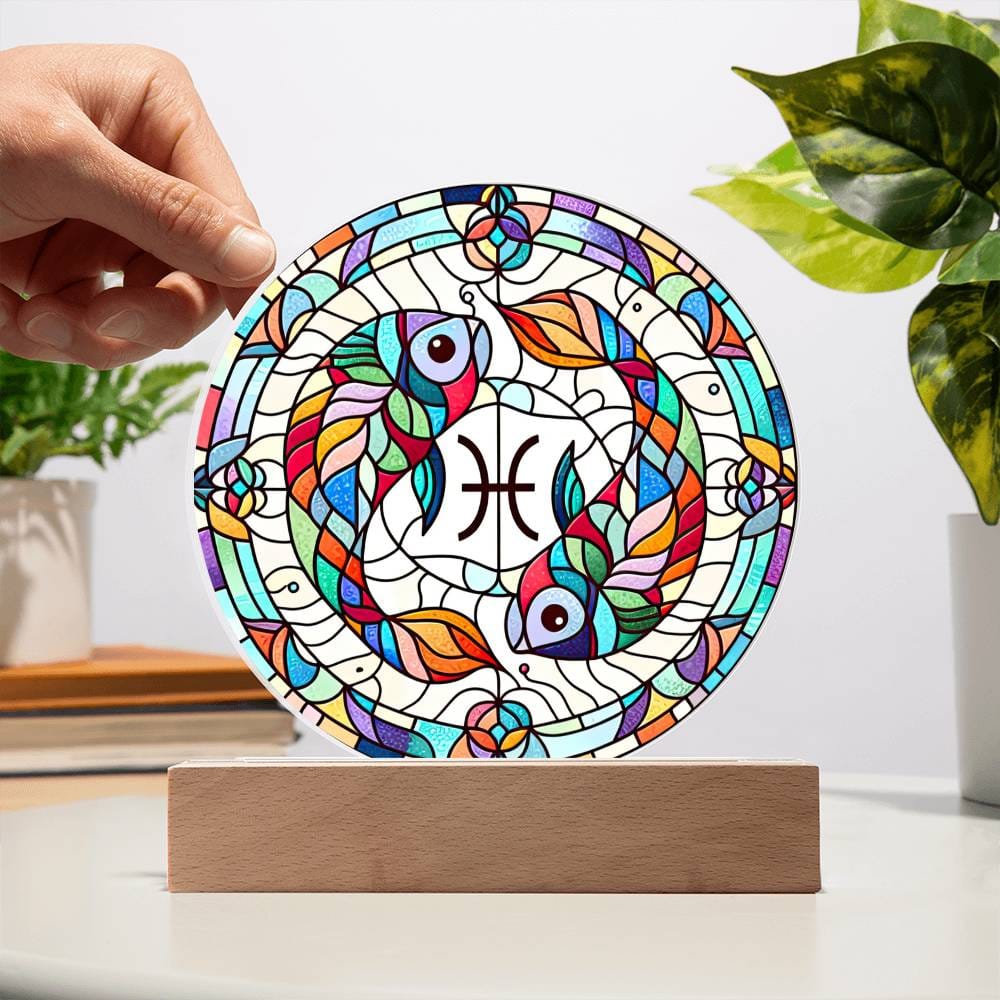 Zodiac Sign Night Light – LED Zodiac Plaque | Faux Stained Glass Art, Cosmic Ambient Light