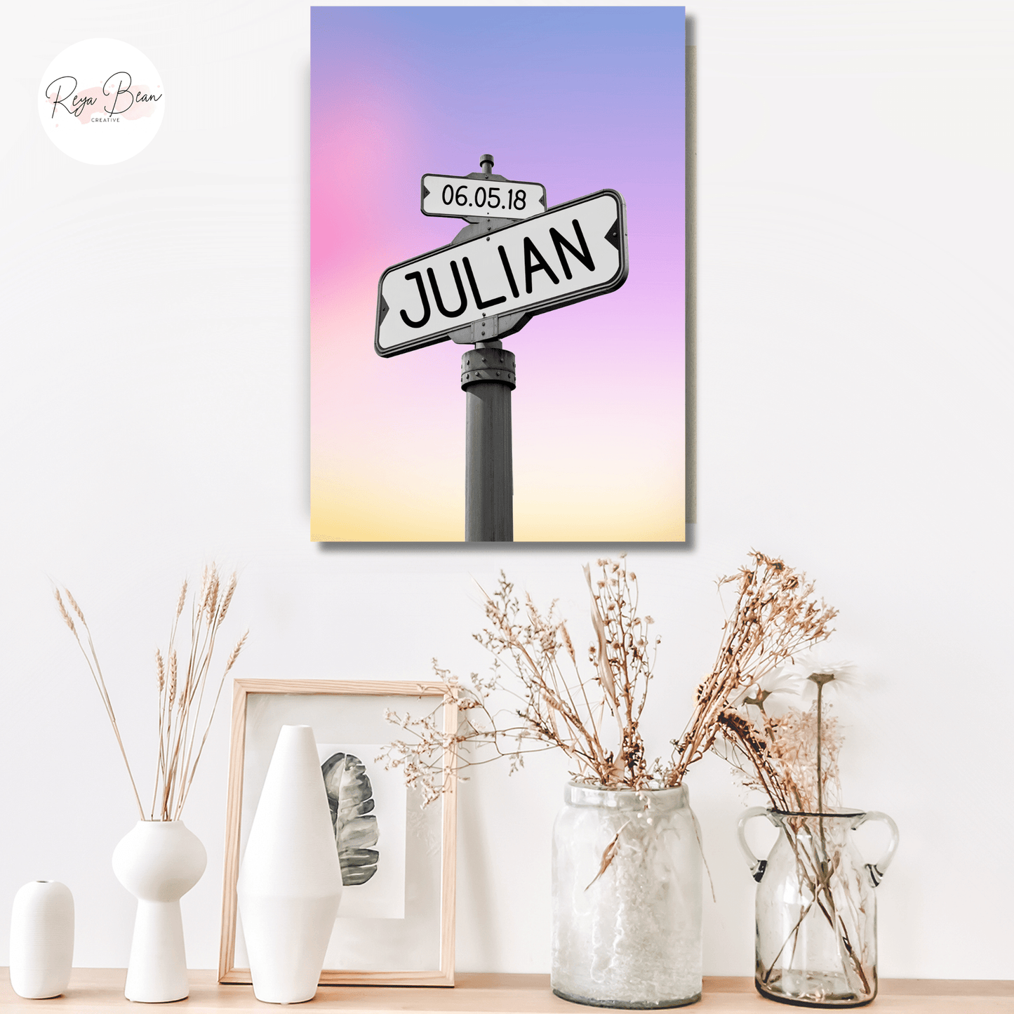 Custom Road Sign Wall Art Sunset Background Canvas Gallery Wrap - Kids' Names and Birthdays