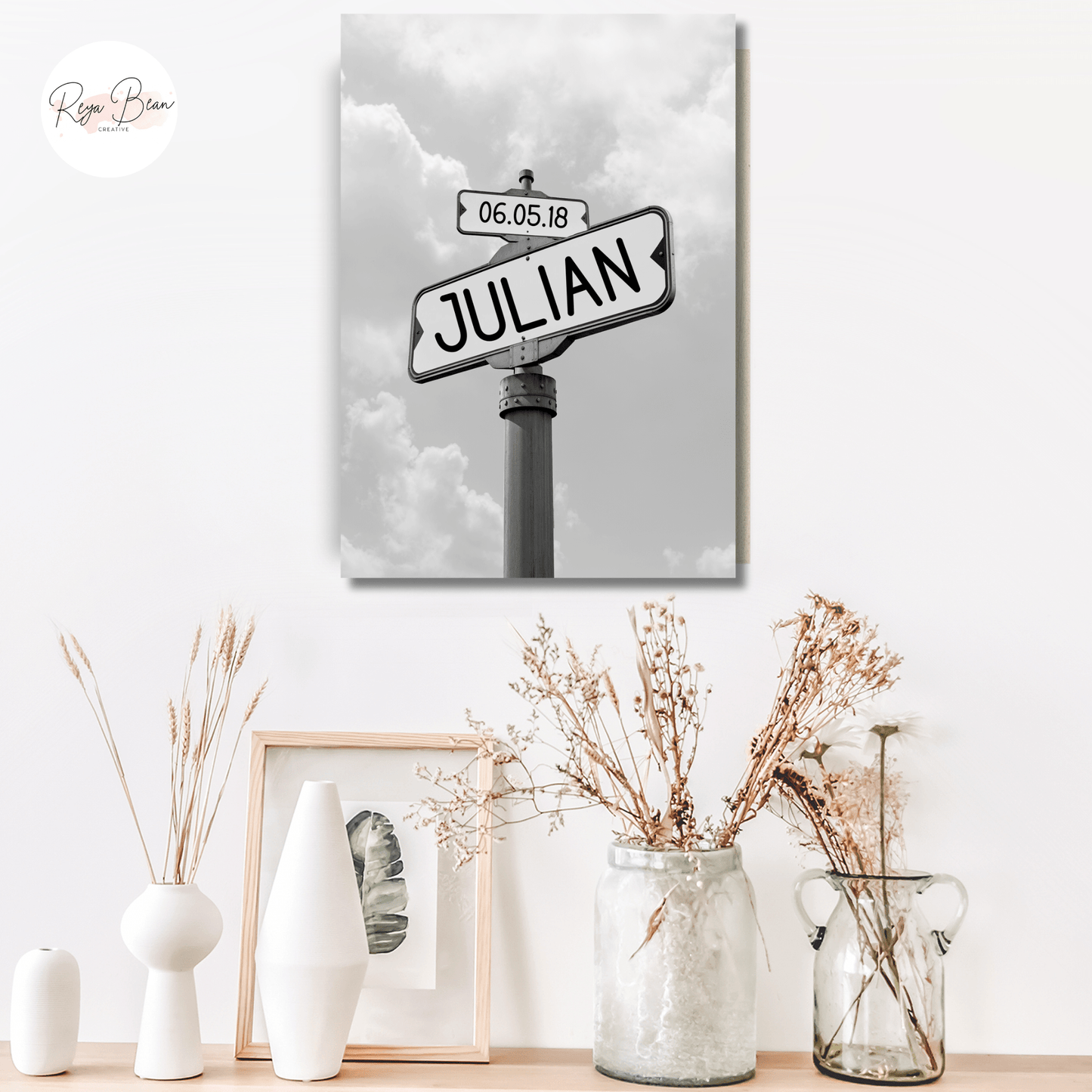 Custom Black & White Road Sign Wall Art Canvas Gallery Wrap - Kids' Names and Birthdays