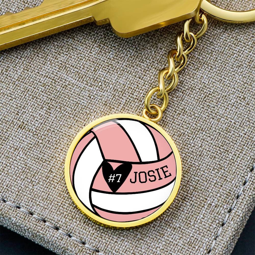 Custom Volleyball Pink Keychain for Her, Personalized Vball Player Name Sports Number Circle Engraved Team Gift, Coaches Gift Senior Night