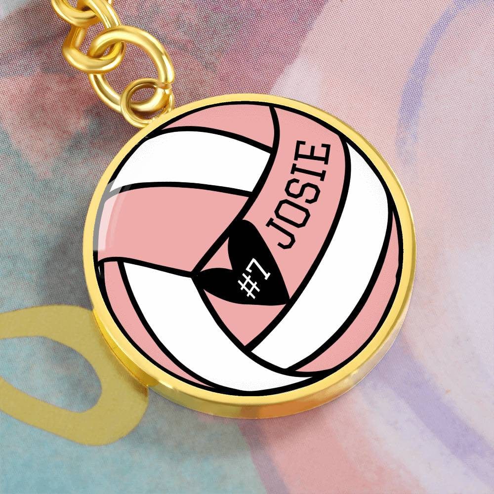 Custom Volleyball Pink Keychain for Her, Personalized Vball Player Name Sports Number Circle Engraved Team Gift, Coaches Gift Senior Night