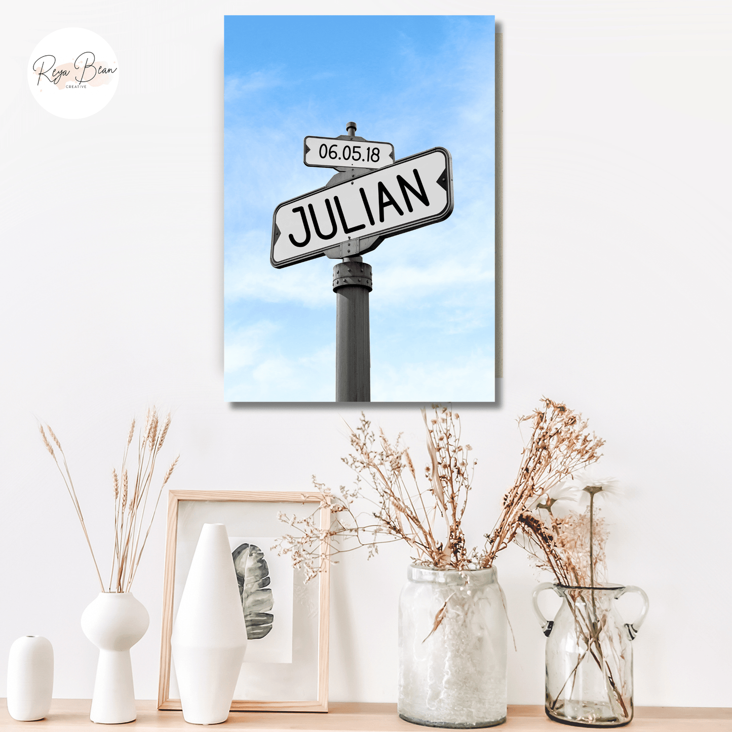 Custom Road Sign Wall Art Blue Sky Background Canvas Gallery Wrap - Kids' Names and Birthdays