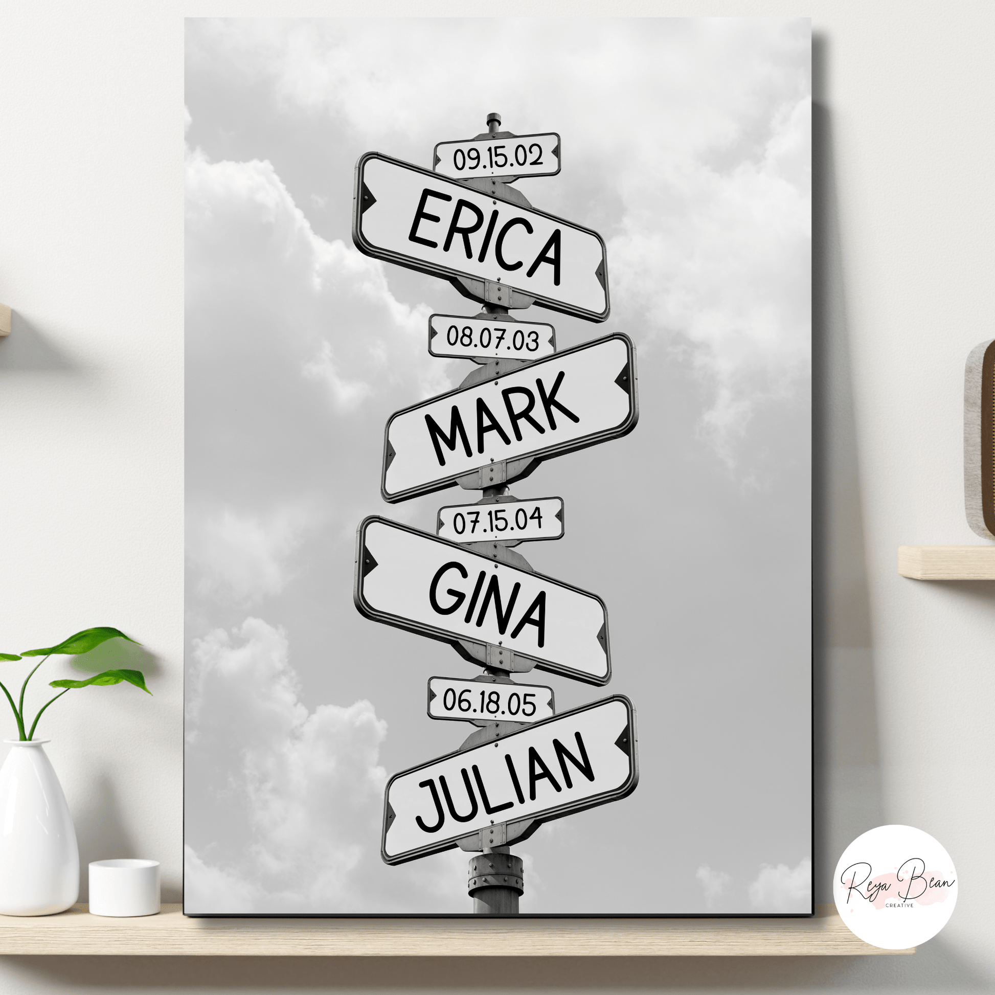 Custom Black & White Road Sign Wall Art Canvas Gallery Wrap - Kids' Names and Birthdays