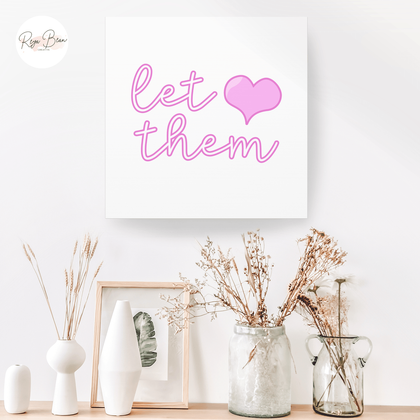 Let Them Self-Worth Positive Affirmation Quote Wall Art, Pink Heart Mental Health Self-Love Canvas Gallery Wrap, Keep Shining Self-Care Art