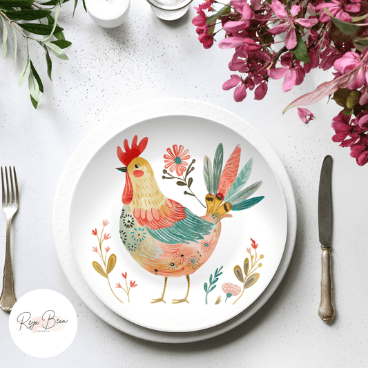 Chicken Housewarming Party Plates Gift, Folk Chicken Floral Plate Set, Fun Homesteader Gift Whimsical Roosters