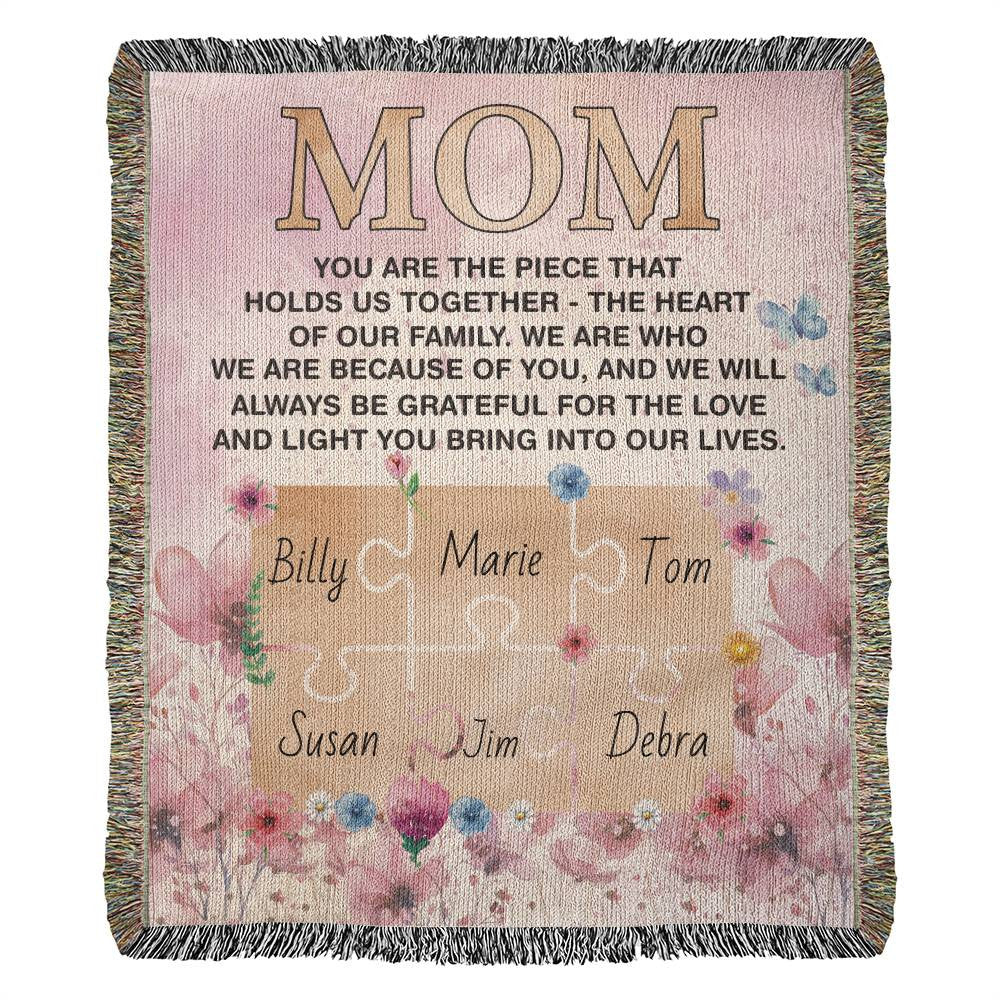 Custom Blanket Gift for Mom, Personalized Kids Name Puzzle Pieces Cotton Heirloom Artwork Woven Throw Blanket Love Gift from Kids, 50 x 60"