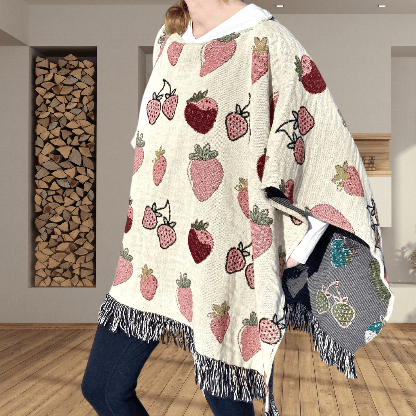 Cute Strawberry 50" x 60" Cotton Woven Pullover Poncho with Fringe