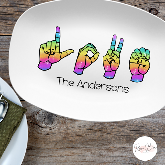 Sign Language Custom Family Name Platter, Personalized ASL Love Keepsake Display Tray, Rainbow Deaf Culture Serving Plate Dinnerware Decor