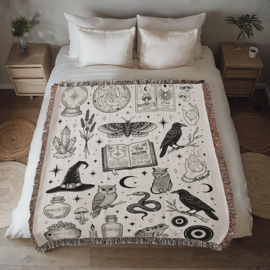 Witchy Cotton Woven Mystical Throw Blanket, Black & White