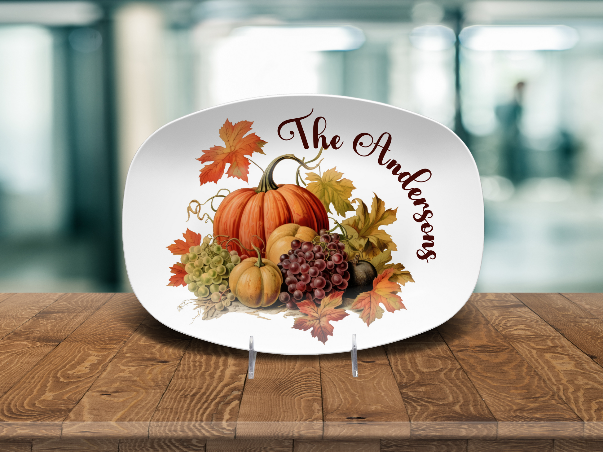 Custom Thanksgiving Platter, Family Tradition Pumpkin Serving Plate, Personalized Fall Harvest Serving Tray 10 x 14" Unbreakable DecoWare