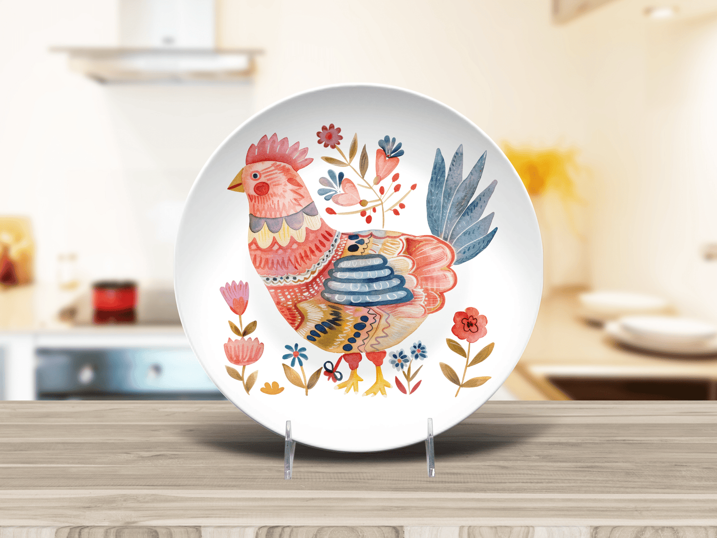 Chicken Housewarming Party Plates Gift, Folk Chicken Floral Plate Set, Fun Homesteader Gift Whimsical Roosters