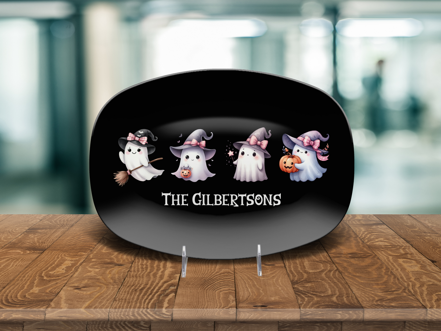 Custom Halloween Platter Family Name, Cute Coquette Ghosts, Personalized Candy Plate, Trick or Treat Unique Unbreakable Gift Tray 10 x 14"