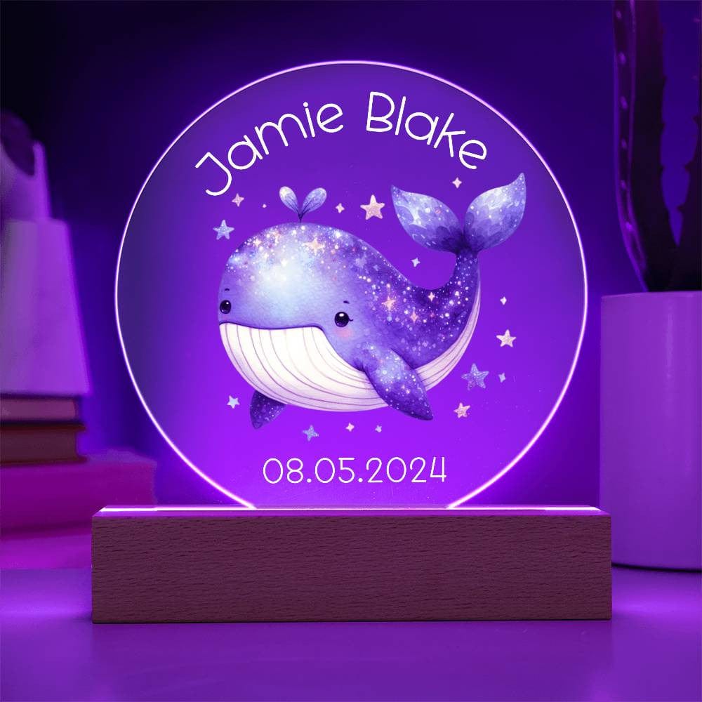 Custom Whale Acrylic Circle LED Plaque Nightlight for Baby's Nursery, Personalized Name Birthday Toddler Light Up Ocean Baby Room Decor