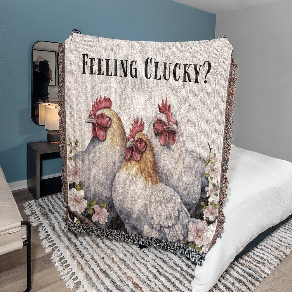 Funny Feeling Clucky Three Chicken Heirloom Woven Blanket, Homestead Gift Farm Chicken Lover Throw Blanket, Cotton Farmhouse Couch Decor