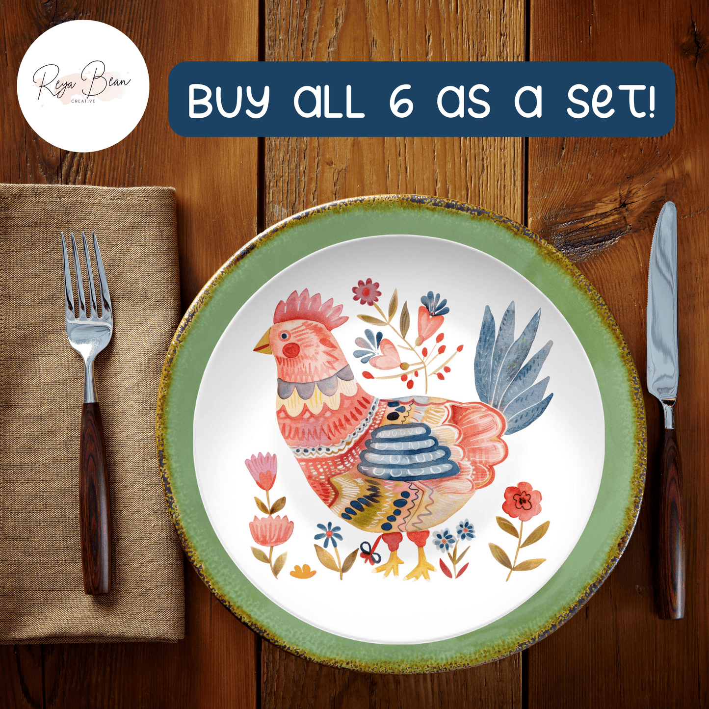 Chicken Housewarming Party Plates Gift, Folk Chicken Floral Plate Set, Fun Homesteader Gift Whimsical Roosters