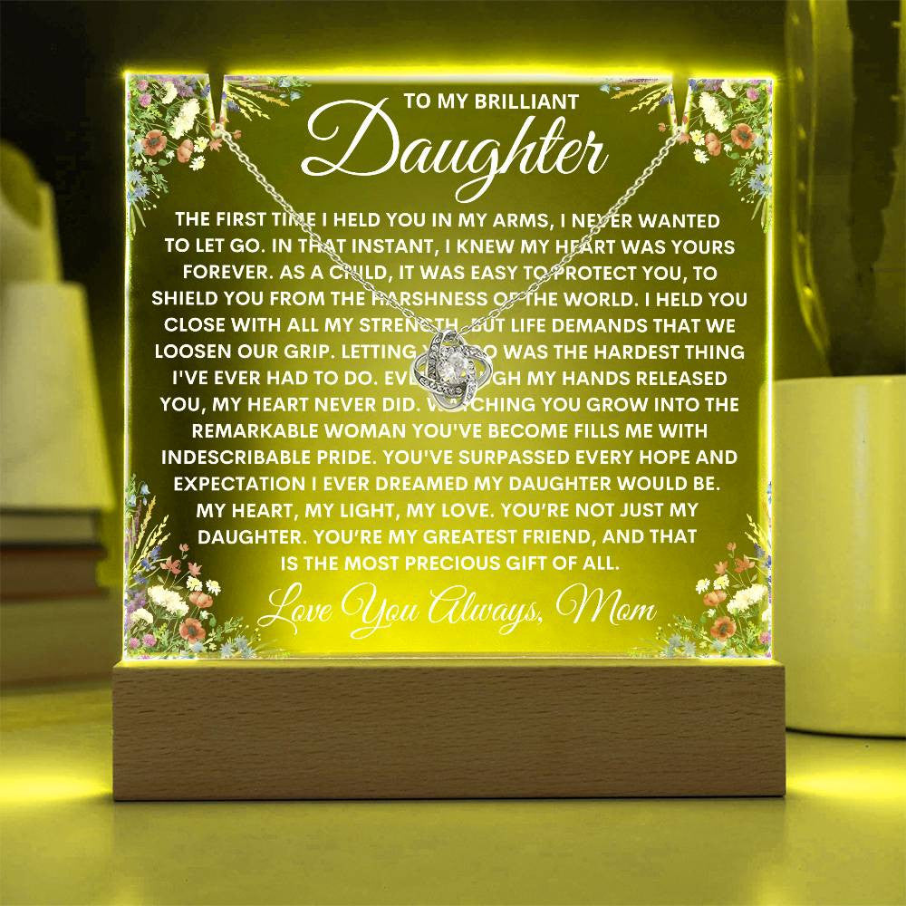 Mom to Daughter Gift Light Up Acrylic Plaque Necklace Bundle, Floral Love Knot Necklace Keepsake Acrylic, Daughter Birthday Night Light Gift