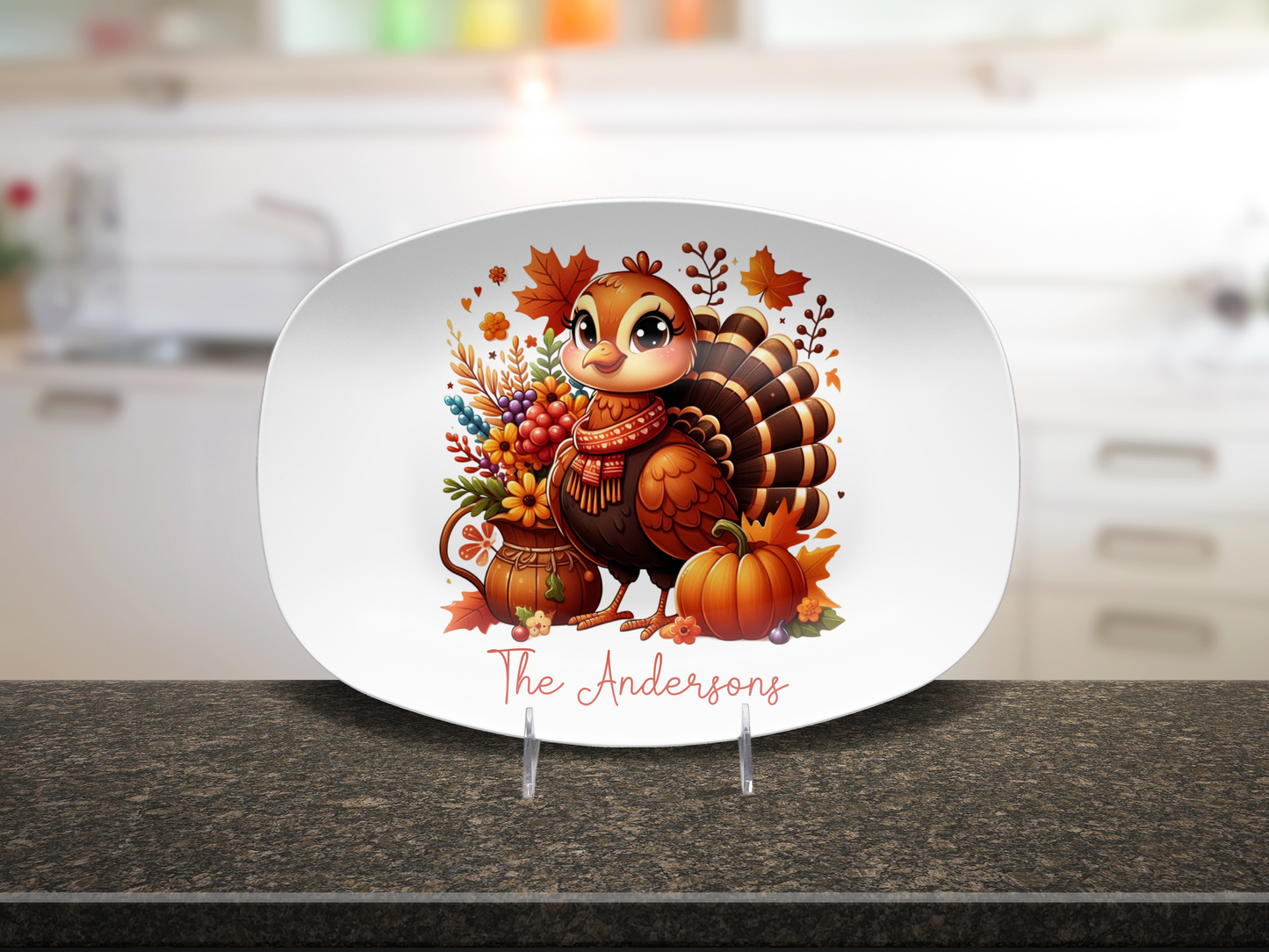 Custom Thanksgiving Turkey Platter, Cute Turkey Family Serving Plate, Personalized Fall Harvest Serving Tray 10 x 14" Unbreakable DecoWare