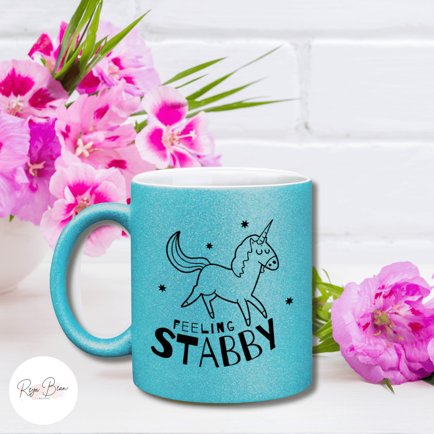 Glitter Unicorn Mug Feeling Stabby, Funny 11oz Ceramic Sparkling Coffee Mug, Unicorn Lover Gift for Her, Sparkly Hand Wash Tea Mug