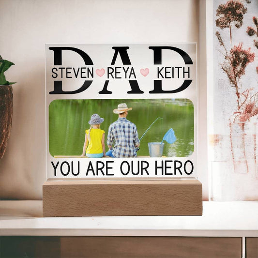 Custom Photo Father's Day Gift Dad Children's Names Acrylic Square Plaque, Birthday Present Wife to Husband, You are Our Hero