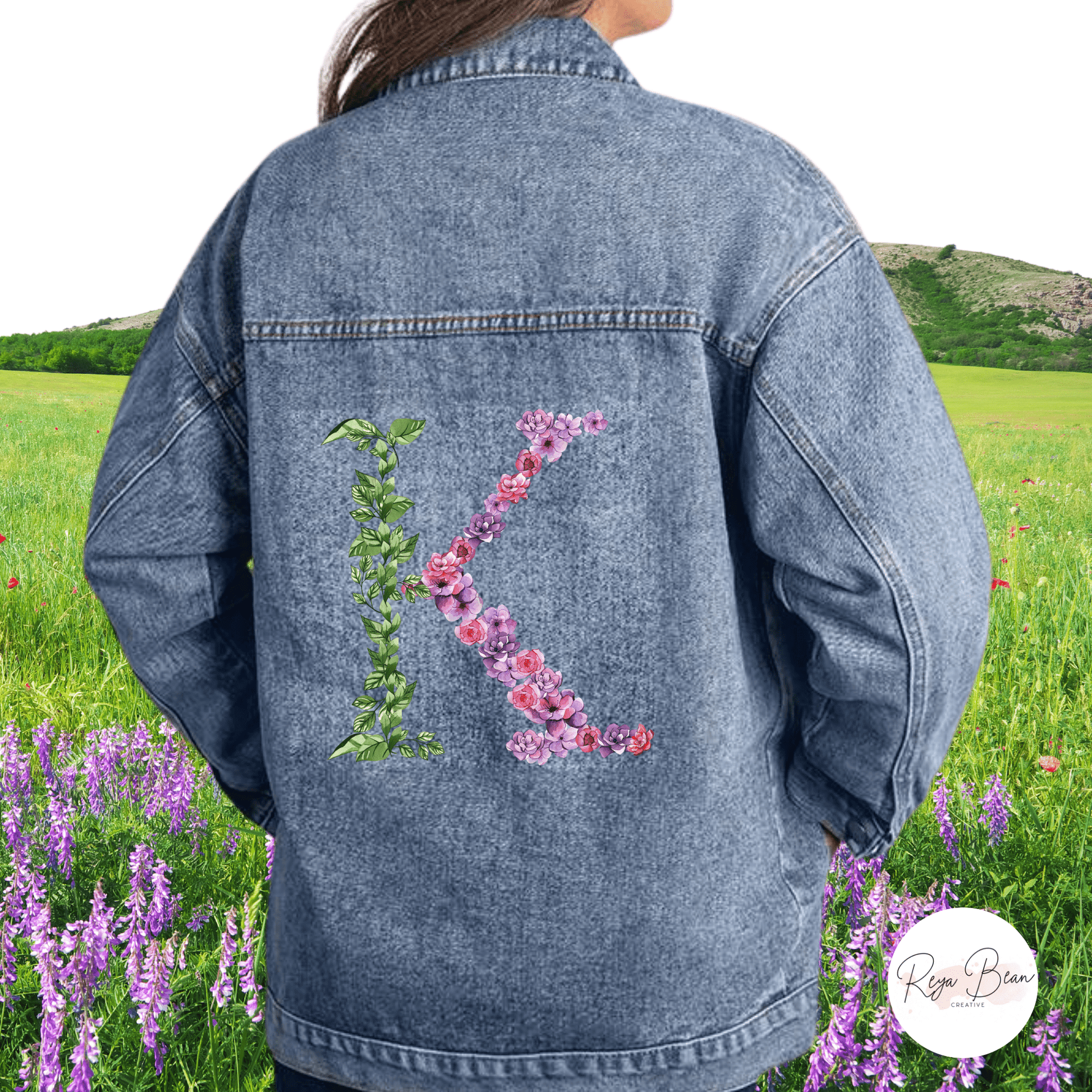 Bridesmaid Custom Initial Jean Jacket, Wedding Day Denim Jacket Bridal Party Gift, Honeymoon Outfit Wife, Personalized Floral Bride Monogram