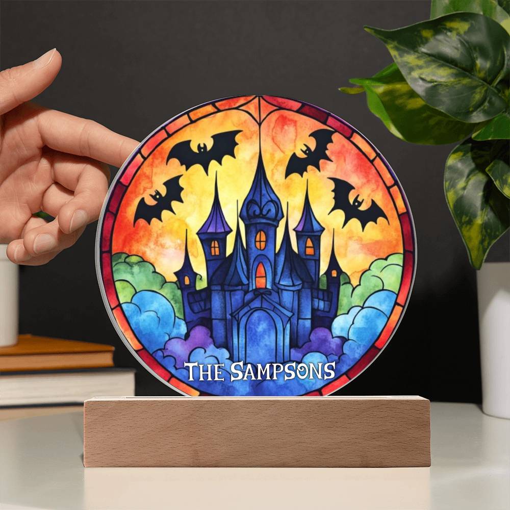 Custom Name Halloween Decoration Light Up Round Acrylic Plaque, Trick or Treat Party Light LED, Jack O Lantern Bats Witch Faux Stained Glass