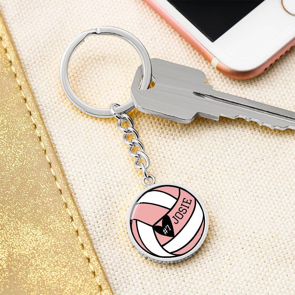 Custom Volleyball Pink Keychain for Her, Personalized Vball Player Name Sports Number Circle Engraved Team Gift, Coaches Gift Senior Night