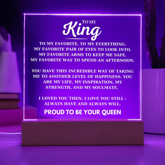 To My King Desk Plaque from Your Proud Queen, Boyfriend Birthday Acrylic Square Plaque, Husband Favorite Person LED Light Up Desk Plaque