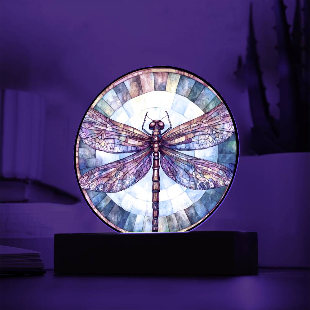 Dragonfly LED Night Light – Round Acrylic Plaque With Faux Stained Glass Glow