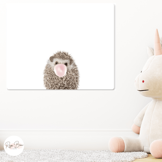 Cute Hedgehog Blowing Bubblegum - Nursery Decor Metal Wall Art