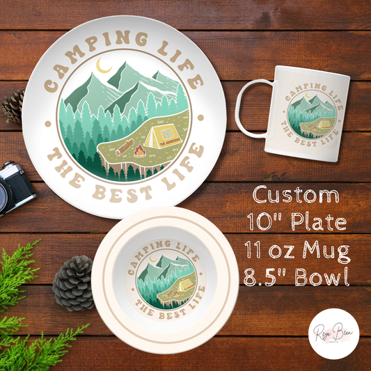 Custom Camping Life Plate Set - Unbreakable BPA-Free Matching Plate, Mug & Bowl