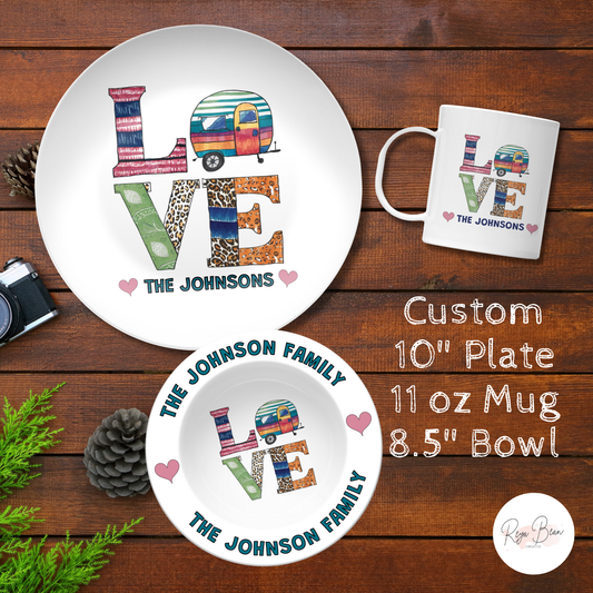 Custom RV Camper Love Plate Set for Family Camp Trips, Unbreakable BPA-Free Matching Plate Mug Bowl